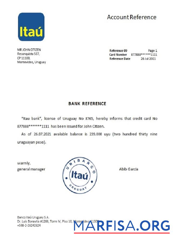 Printable Uruguay Itau bank reference template